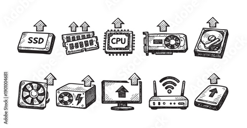 Black and white vector sketch of computer parts and networking icons, symbolizing upgrades or building a PC. Suitable for tech articles, tutorials, and blog posts.