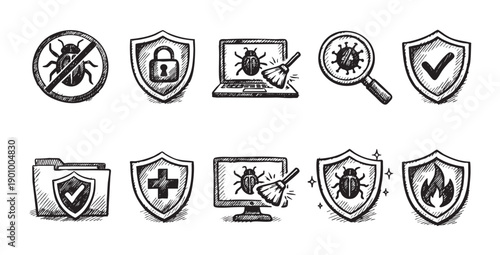 A set of hand-drawn style cybersecurity icons featuring antivirus, firewall, virus scan, data protection. Ideal for blogs, websites, and materials related to tech, security, and IT.