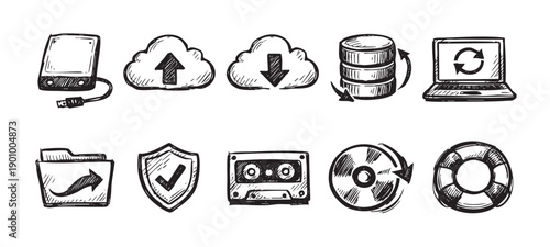 Set of hand-drawn vector icons representing digital technology, including hard drive, cloud upload/download, database, and laptop. Perfect for technology blogs, web design, or presentations.