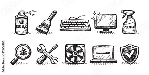 Collection of sketchy icons related to computer maintenance, repair, cleaning, and security. Black and white illustration with a hand-drawn aesthetic style.