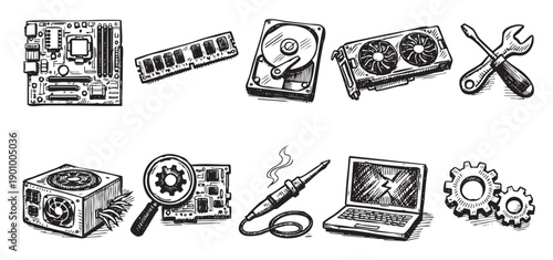Hand drawn vector illustration featuring computer repair tools and components. Perfect for IT support, technology, and repair service ads.