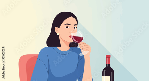 A woman in a blue shirt sips red wine from a glass