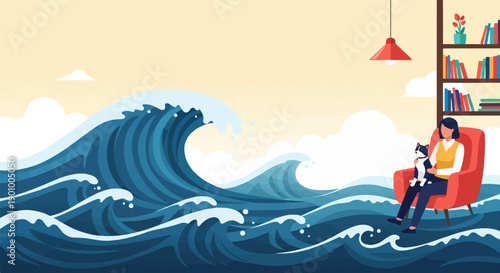 A woman holds a cat while sitting in an armchair as waves crash around