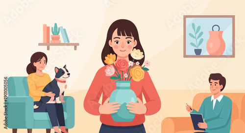A woman holds a vase of flowers, while another woman and dog sit on a couch