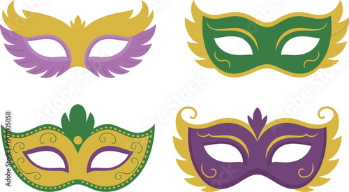 Colorful Mardi Gras masquerade masks set with gold accents, festive carnival venetian mask collection, decorative party costume elements, isolated vector illustration on white background