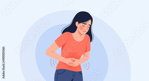 A woman holds her abdomen in pain, with red circular waves indicating discomfort