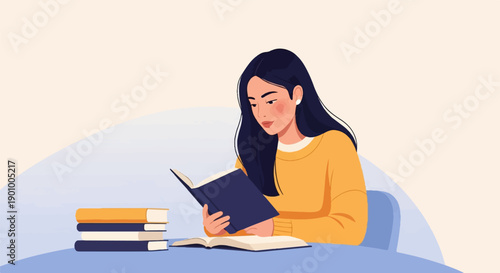 A woman in a yellow sweater reads a book surrounded by stacked novels