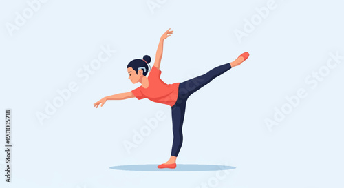 A woman in athletic wear gracefully performs a dance pose on a light blue background