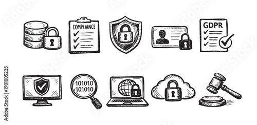 Hand drawn illustration of data privacy and protection symbols. Includes GDPR, compliance, security, and database icons. Ideal for illustrating cybersecurity topics.