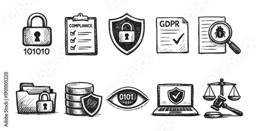 Set of hand-drawn icons illustrating data protection, security, compliance, GDPR, and legal themes. Suitable for use in cybersecurity and technology related projects.