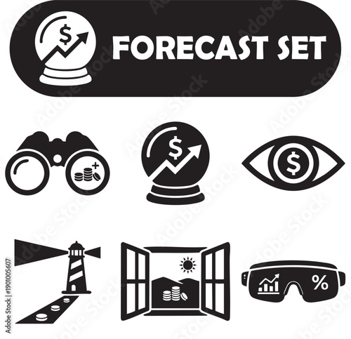 Minimalist Crypto Vision, Future Staking & Prediction Vector Silhouette Icons - Forecast Set
