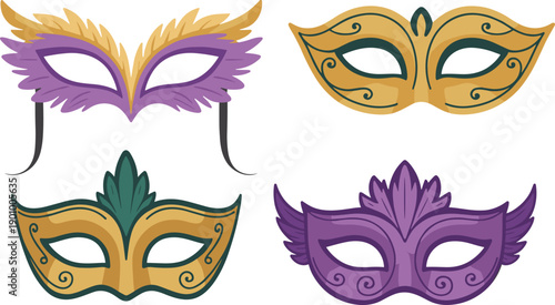Elegant masquerade carnival masks collection with gold and purple colors, festive venetian costume mask set, decorative party accessories, isolated vector illustration on white background