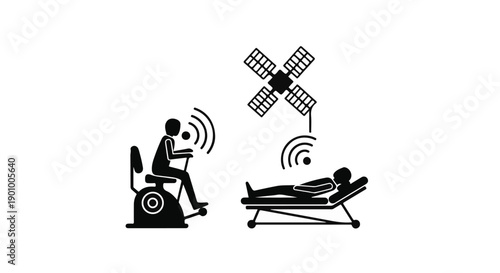 Remote patient monitoring concept with doctor on bike and patient on hospital bed connected by wireless signal and satellite