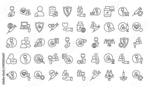 Elderly Care Icon Pack Outline Vector Style for Health Service Nursing Home Patient Support Medical Assistance Senior Living Daily Activity Monitoring Family Caregiver Training Safety Guidance