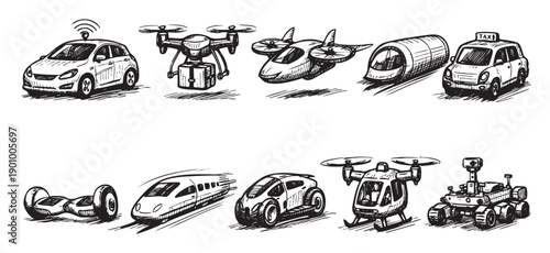 Black and white sketch of various futuristic transportation methods. Includes cars, drones, trains, and helicopters. Perfect for illustrating technology, innovation, and the future of mobility.