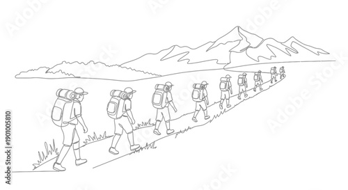hikers walking in line, mountain range