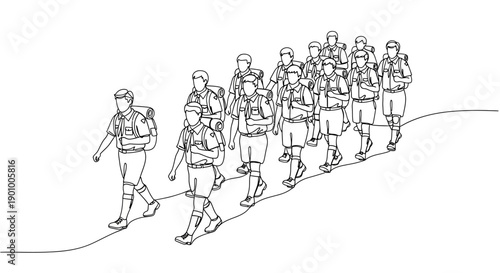 hiking group walking uphill