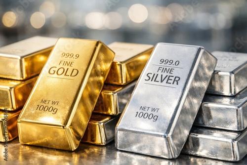 Shiny Gold and Silver Bars Stacked Elegantly, Reflecting Light Beautifully in a Luxurious Setting