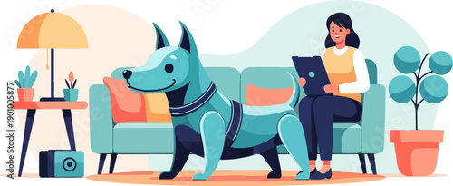 A woman sits on a sofa with a tablet, while a teal dog poses nearby