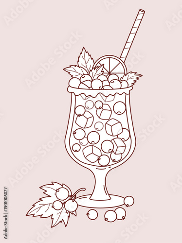 Outline Blackcurrant Drink with Ice Cubes, Berries, Mint and Lemon. Fruit Seasonal Refreshing Craft Blackberry Cocktail in Elegant Glass with straw. Line drawing, coloring page. Vector Illustration