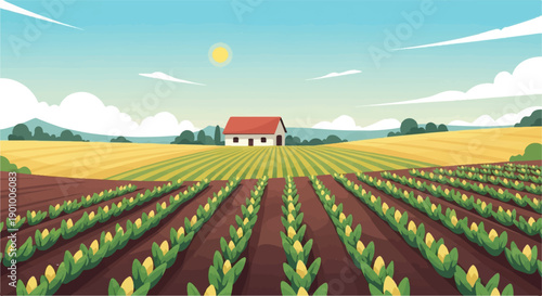 A sunlit farm with rows of corn, golden fields, and a distant house