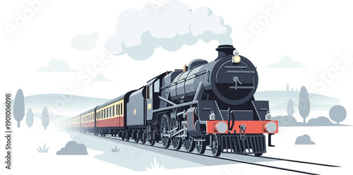 A vintage steam train travels through a misty, stylized landscape