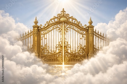 Stunning Set of Ornate Golden Gates Stands Majestically Amidst Fluffy White Clouds Under a Radiant Sun
