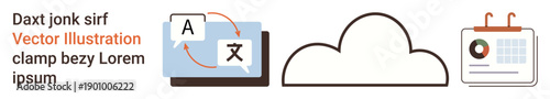 Translation services, cloud computing, data analytics, technology, communication, storage. Language translation symbol, cloud icon chart display. Translation services and cloud computing concept