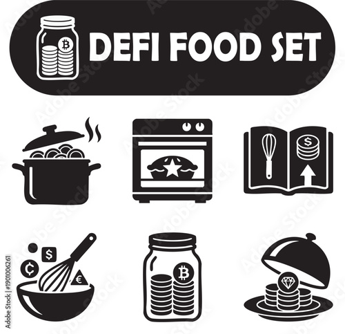 Minimalist Culinary Crypto Staking & Cooking Finance Vector Silhouette Icons - DeFi Food Set