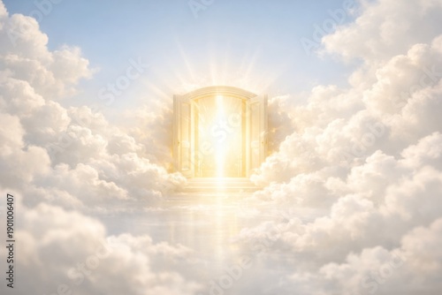 Ethereal Scene of an Open Door in Clouds, Radiating Golden Light, Symbolizing Hope and New Beginnings