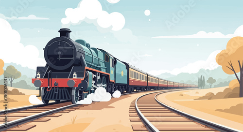 A vintage steam train travels along tracks through a warm-toned landscape