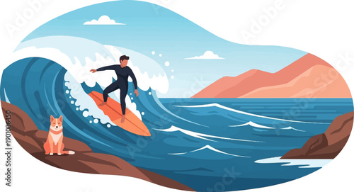 A surfer rides a large wave with a dog watching from shore