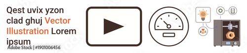3D printing, additive manufacturing, prototyping, technology, innovation, automation. Play icon, speed gauge and 3D printer diagrams. 3D printing and innovation concepts clearly