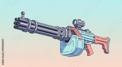 A stylized, pixelated minigun weapon with a rotating barrel and scope
