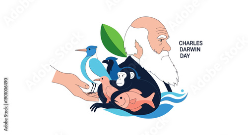 Illustration of Charles Darwin surrounded by marine life, celebrating Charles Darwin Day with a finches and species adaptation concept, conveying evolution and natural selection.