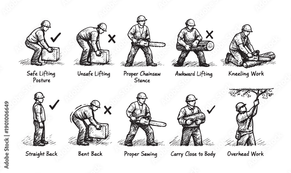 Fototapeta premium Illustration demonstrating correct and incorrect postures for various manual labor activities like lifting and chainsaw operation, emphasizing workplace safety and injury prevention guidance.
