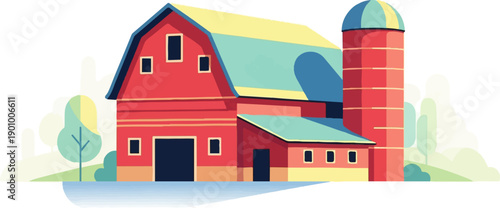 A stylized red barn with silo, green roof, and cartoon trees