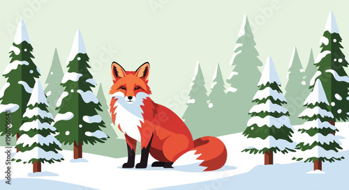 A stylized red fox sits in a snowy forest with evergreen trees