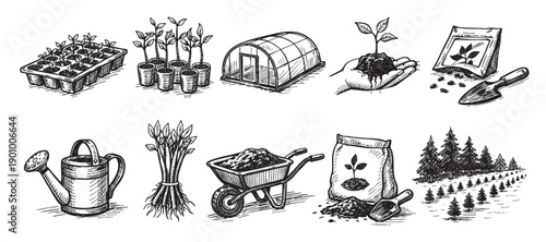 Hand-drawn illustration of gardening elements. Features seedlings, tools, greenhouse and garden scenes. Perfect for websites, blogs or print related to gardening and nature.