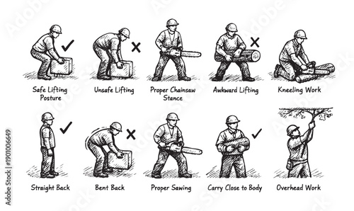 Illustration demonstrating correct and incorrect postures for various manual labor activities like lifting and chainsaw operation, emphasizing workplace safety and injury prevention guidance.
