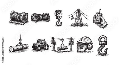Hand-drawn forestry equipment illustrations: winch, rope, hook, tower, remote, log, vehicle, trees, helmet, etc. Ideal for lumber industry, logging, construction, and safety topics.