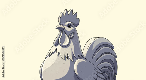 A stylized stone rooster statue with intricate feather details on a cream background