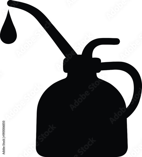 Black silhouette of oil can with falling drop, lubrication tool vector icon for mechanic maintenance and industrial repair concept.