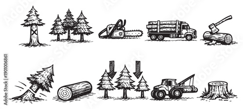 Hand-drawn illustrations depicting logging activities: trees, felled trees, chainsaw, lumber truck, skidder, axe, stump. Great for forestry, logging, conservation, environmental themes.