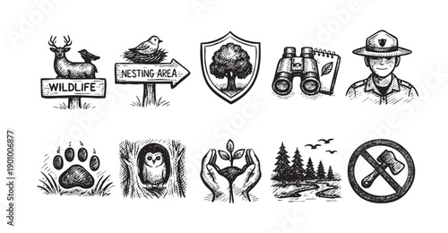 Hand-drawn illustration set featuring wildlife, trees, and conservation elements. Ideal for educational materials, park signage, environmental campaigns, and nature-themed designs.
