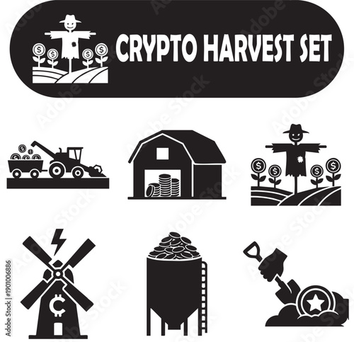 Minimalist DeFi Yield Farming & Agriculture Vector Silhouette Icons - Crypto Harvest Set