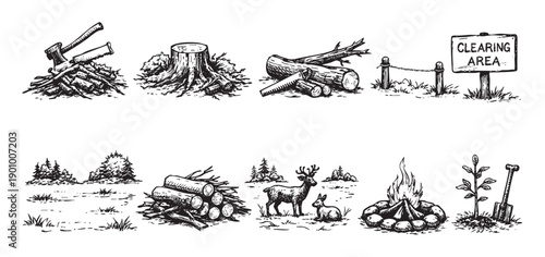 Black and white illustration of axes, logs, clearing area sign, wildlife, and campfire. Ideal for camping, forestry, or nature-themed design projects.