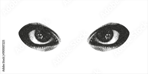 Female eyes with looking under his brows. Trendy photocopy element for collage. 