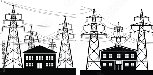 Electric power transmission towers, high voltage pylons, utility buildings and overhead lines, electrical grid infrastructure silhouette vector illustration design