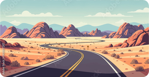A winding desert highway curves through a rocky, arid landscape under a pale sky